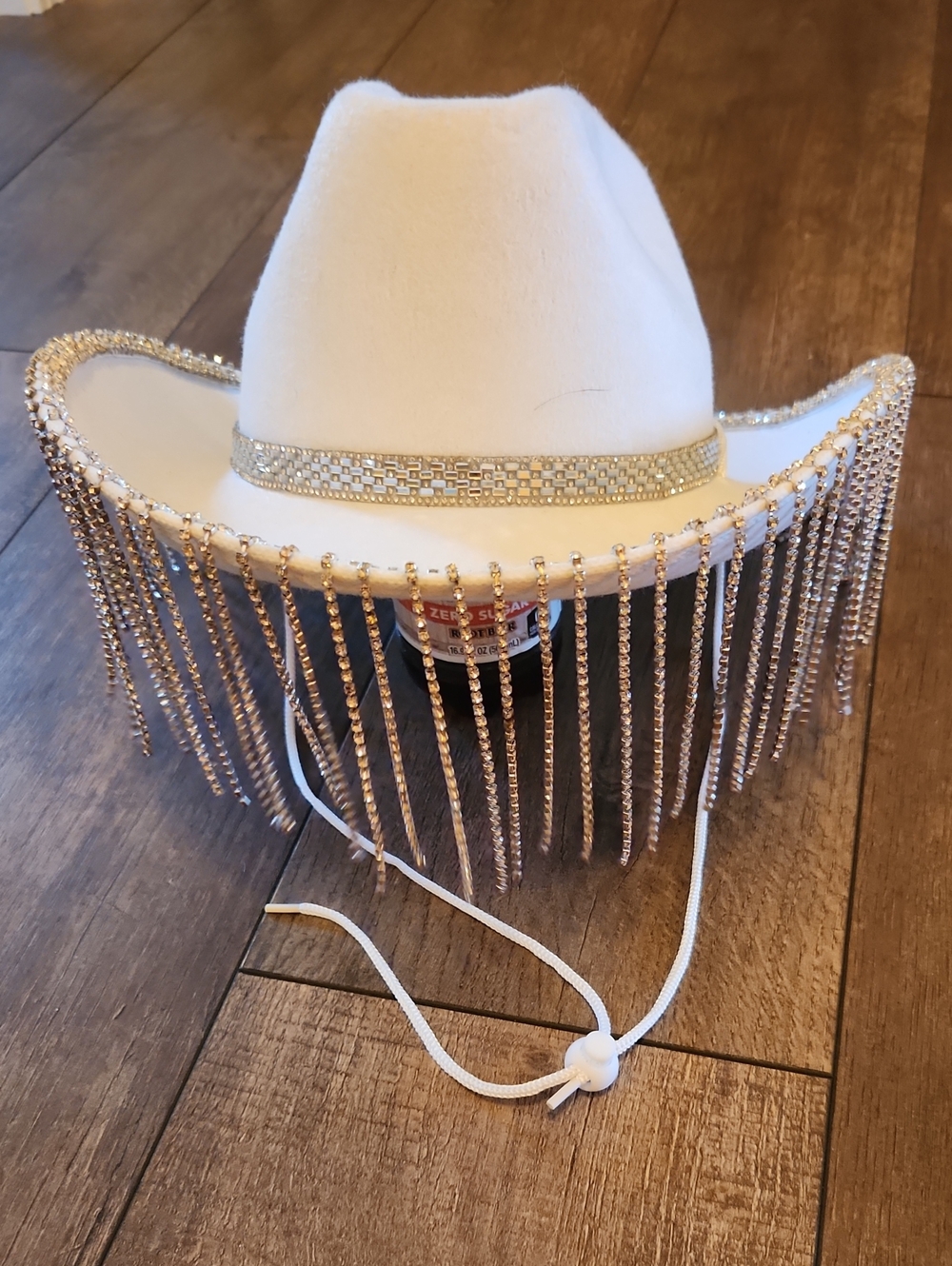 White Rhinestone Fringe Cowboy Hat with Gold Band